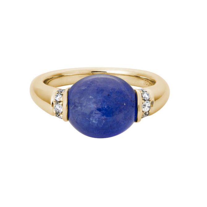 Oval Tanzanite Cabochon Ring in Yellow Gold with Diamond Rondelles