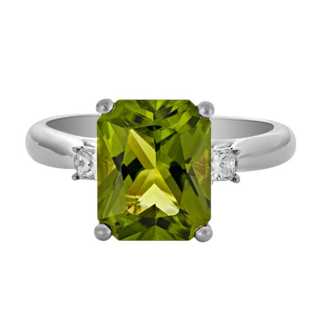 Emerald Cut Peridot & Diamond 3 Stone Ring in White Gold