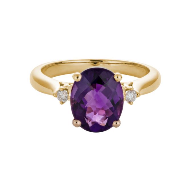 Oval Amethyst & Diamond 3 Stone Ring in Yellow Gold