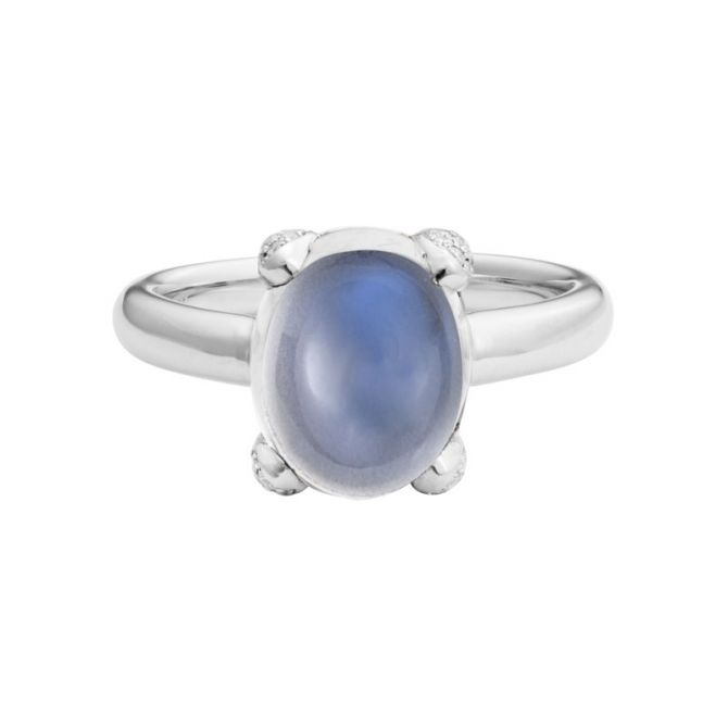 Oval Moonstone Cabochon Ring with 4 Diamond Accents in White Gold