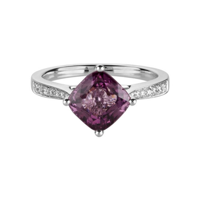 Cushion Purple Spinel & Diamond Side Stone Ring in White Gold