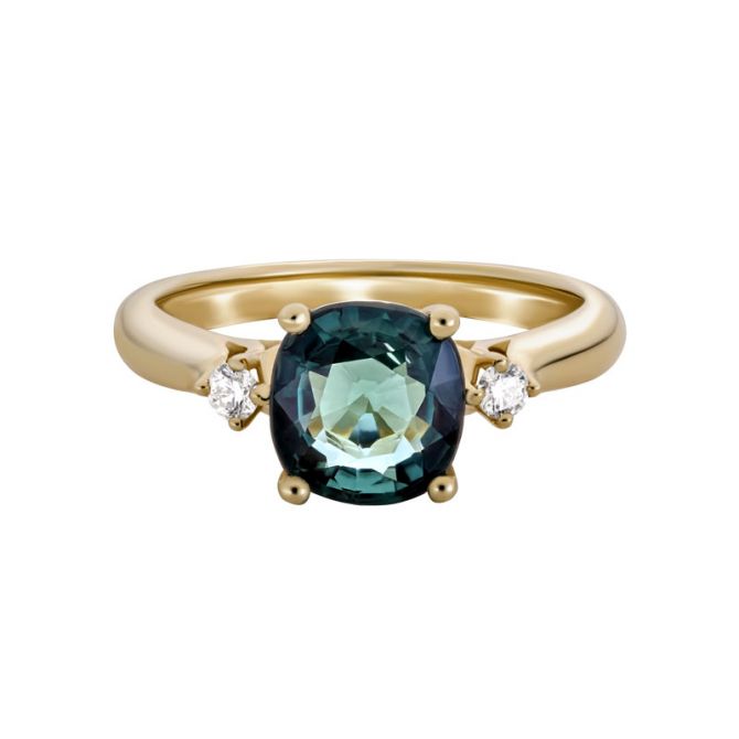 Cushion Tourmaline & Diamond Side Stone Ring in Yellow Gold