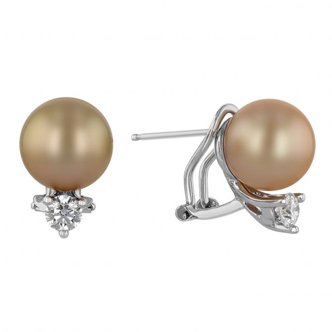 TARA Pearls Golden South Sea Cultured Pearl & Diamond Omega Stud Earrings  in White Gold