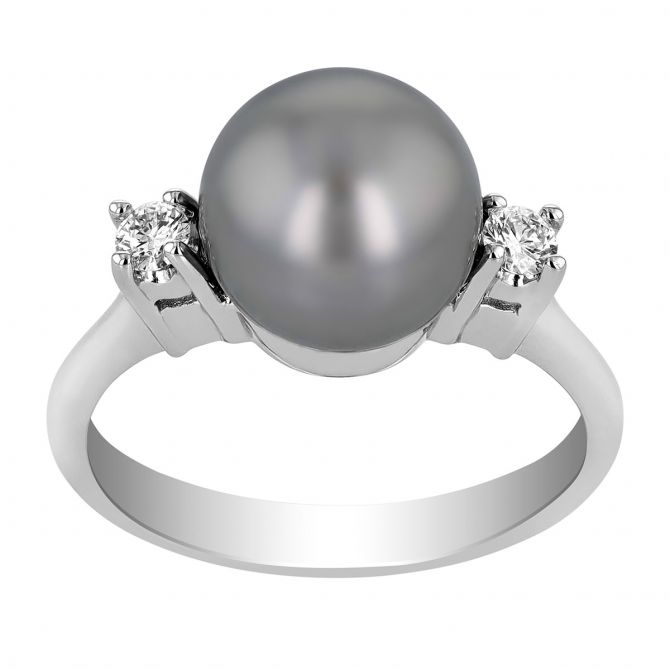 TARA Pearls Tahitian South Sea Cultured Pearl & Diamond 3 Stone Ring in White Gold