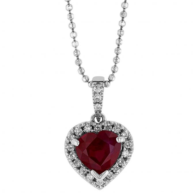 TARA Pearls Heart Shaped Ruby & Diamond Halo Pendant in White Gold, 18"