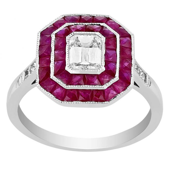 Diamond & Ruby Double Frame Octagon Ring in White Gold with Diamond Sides