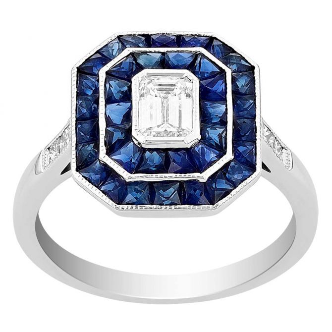 Diamond & Sapphire Double Frame Octagon Ring in White Gold with Diamond Sides