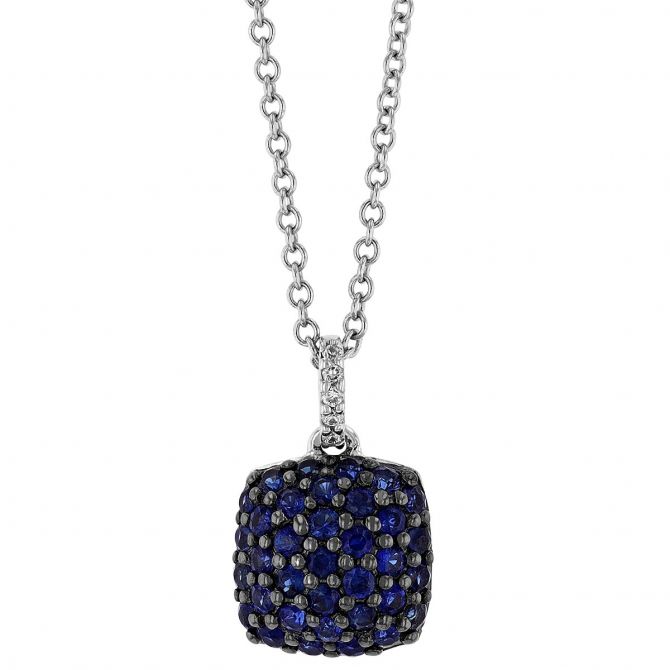 Sapphire Pavé Cushion Pendant with Diamond Bail in White Gold with Black Rhodium, 16"