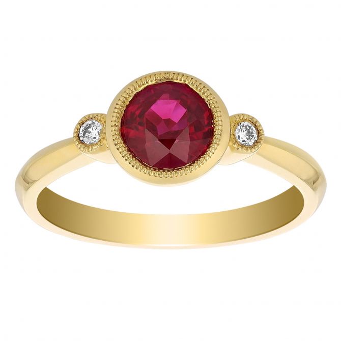 Round Ruby & Diamond 3 Stone Ring with Milgrain in Yellow Gold