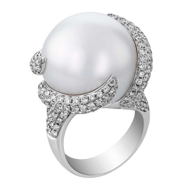 TARA Pearls White South Sea Cultured Pearl & Diamond Pave Swirl Cocktail Ring in White Gold