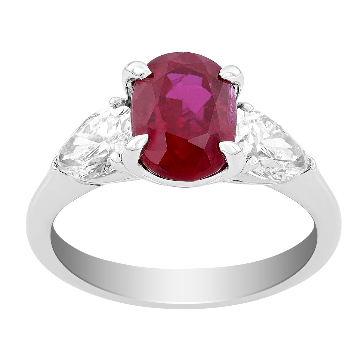 J.B. Star Oval Ruby & Pear Shaped Diamond 3 Stone Ring in Platinum ...