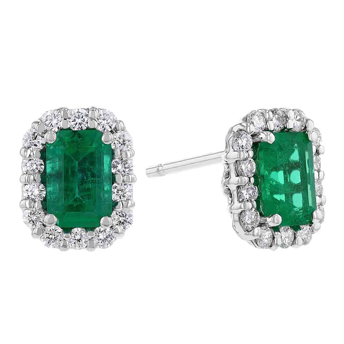 Emerald Cut Emerald & Diamond Halo Stud Earrings in White Gold | Borsheims