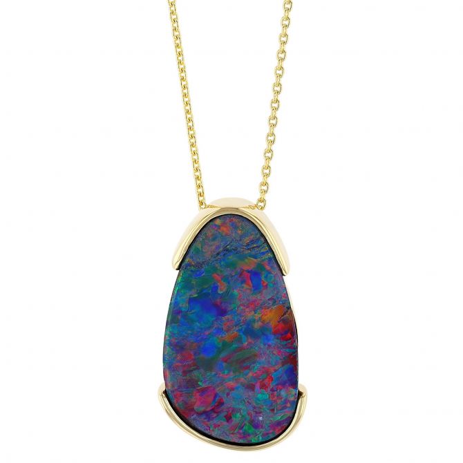 Opal Doublet Freeform Oval Demi Bezel Necklace in Yellow Gold