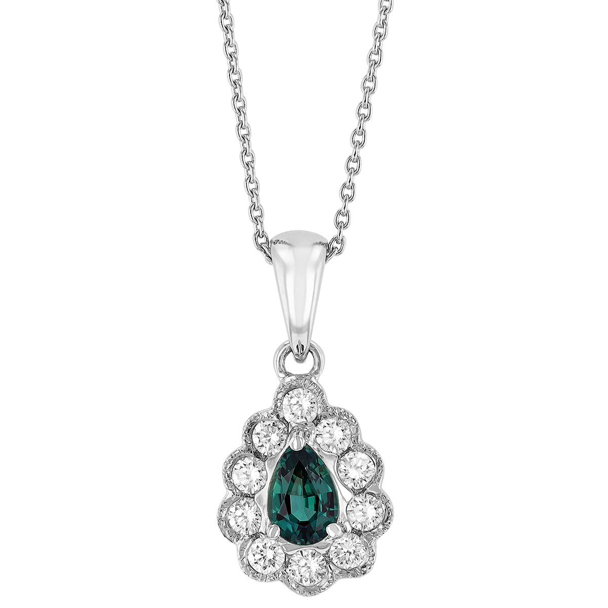 Pear Shaped Alexandrite & Diamond Scalloped Milgrain Halo Pendant in ...