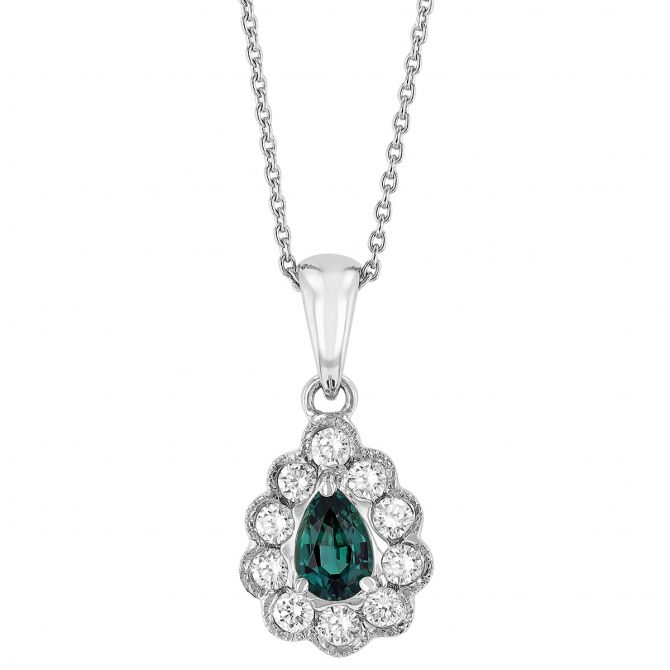 Pear Shaped Alexandrite & Diamond Scalloped Milgrain Halo Pendant in White Gold