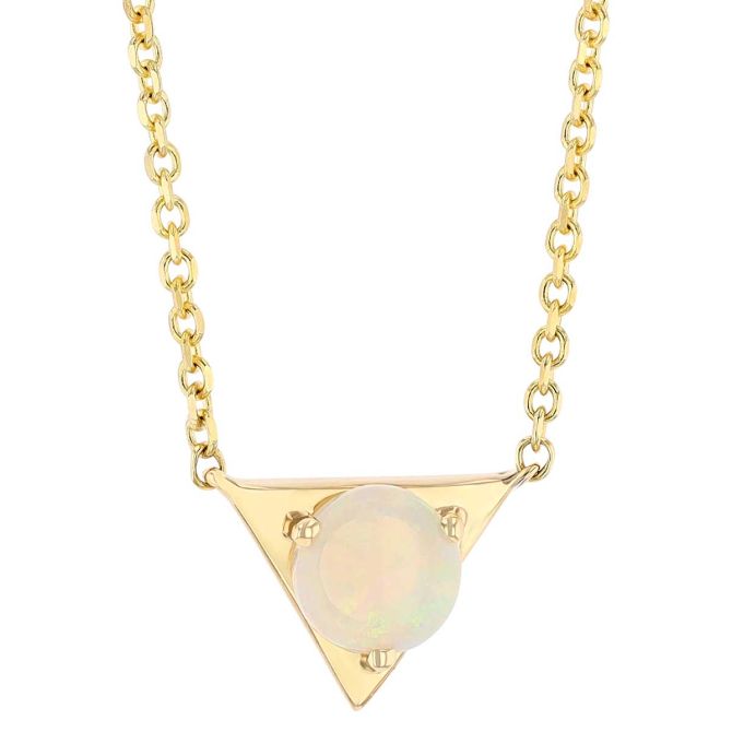 Round Cabochon Opal Triangle Pendant in Yellow Gold, 18"