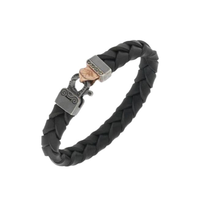 Marco Dal Maso Black Leather Woven Bracelet in Sterling Silver & Rose Tone with Yellow Sapphire Acce