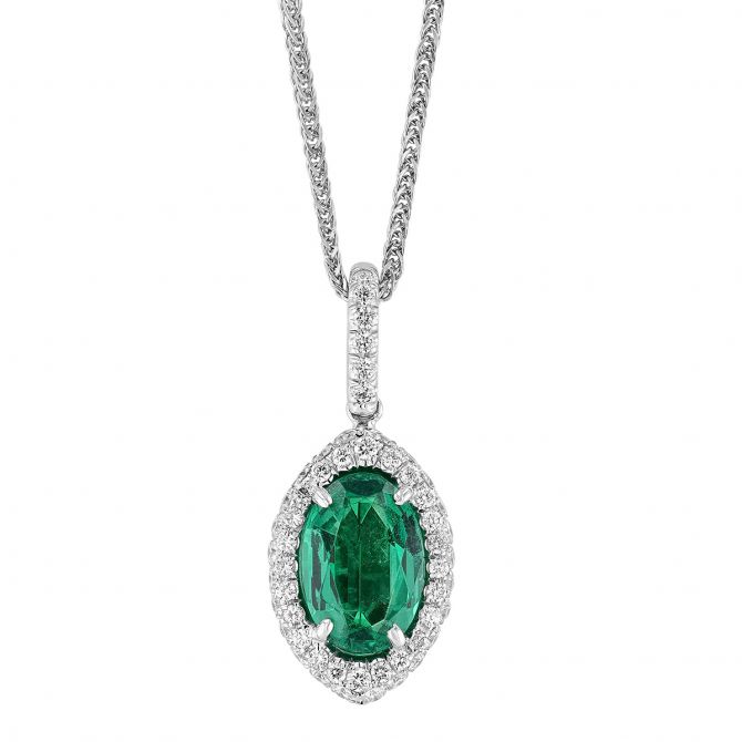 J.B. Star Oval Emerald & Diamond Pointed Halo Pendant in Platinum, 18"