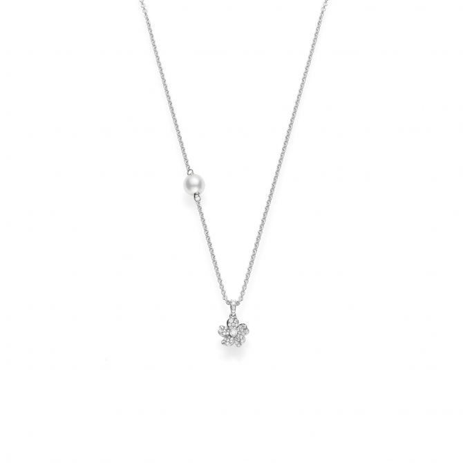 Mikimoto Cherry Blossom Diamond Pavé Flower Pendant with Akoya Cultured Pearl Station