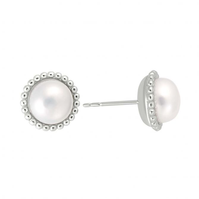 White Cultured Pearl Stud Earrings with Milgrain in Sterling Silver