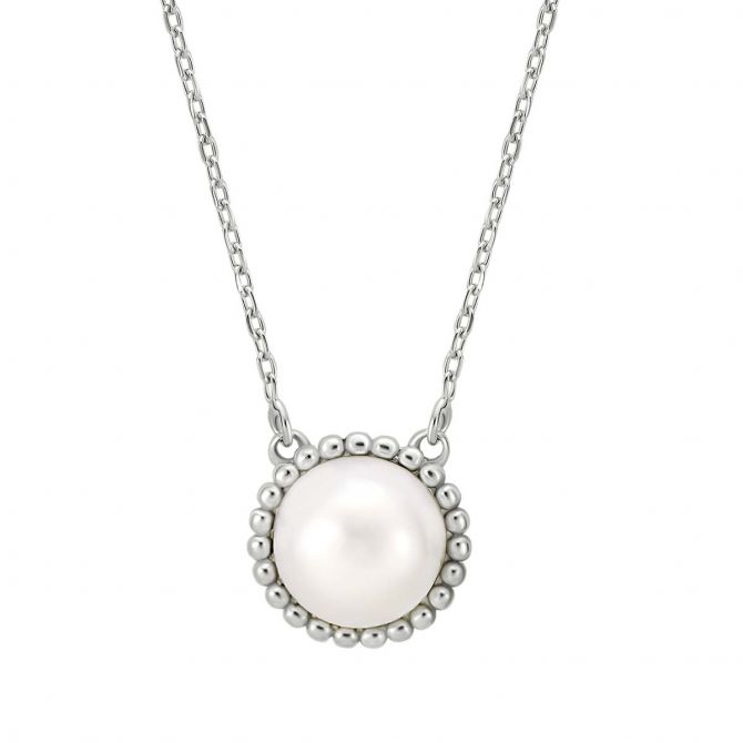 White Cultured Pearl Necklace with Milgrain in Sterling Silver