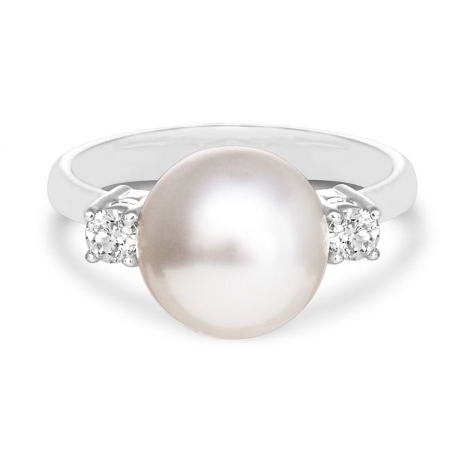 TARA Pearls White Cultured Pearl & Diamond 3 Stone Ring in White Gold