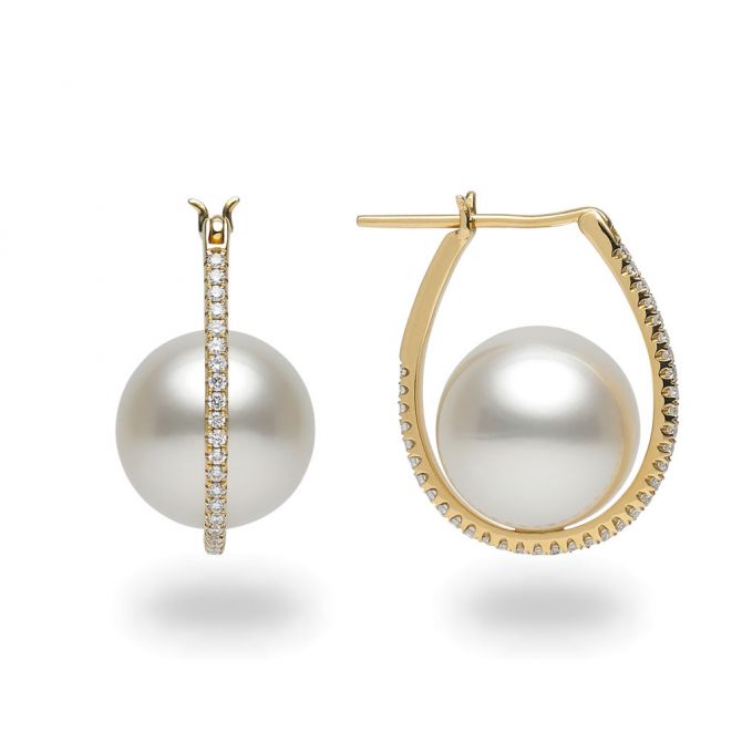 TARA Pearls South Sea Cultured Pearl & Diamond Huggie Hoop Earrings in Yellow Gold