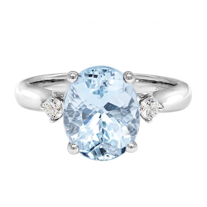 Oval Aquamarine & Diamond 3 Stone Ring in White Gold