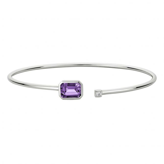 Emerald Cut Amethyst Cuff Bracelet with Diamond Accent in White Gold