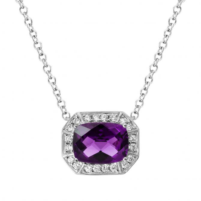 Cushion Amethyst Octagon Necklace with Diamond Halo in White Gold, 18"