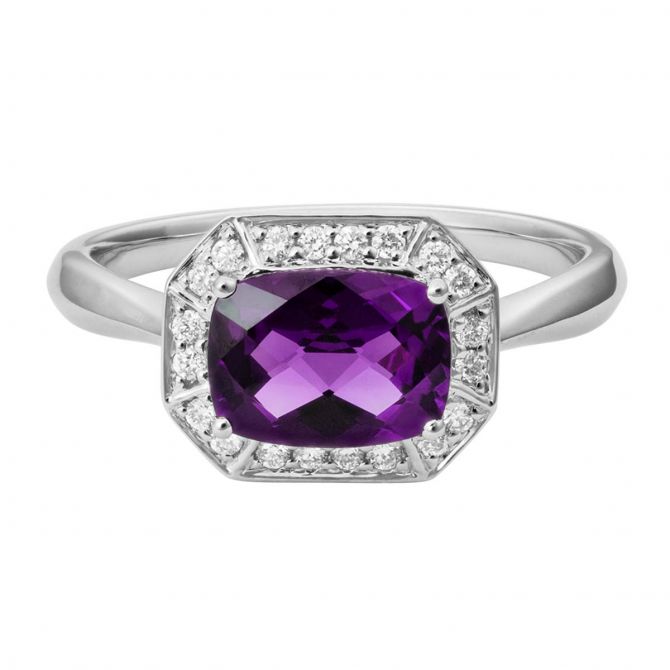 Cushion Amethyst & Diamond Halo Octagon Shaped Ring in White Gold