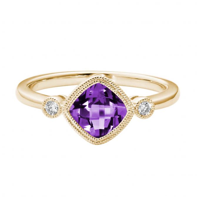 Cushion Amethyst & Diamond 3 Stone Ring with Milgrain in Yellow Gold