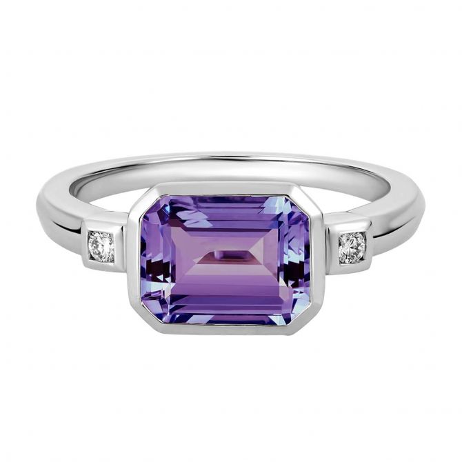 Emerald Cut Amethyst & Diamond Bezel Set Ring in White Gold