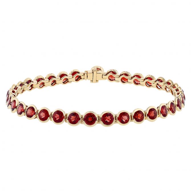 Garnet Bezel Set Tennis Bracelet in Yellow Gold, 7"