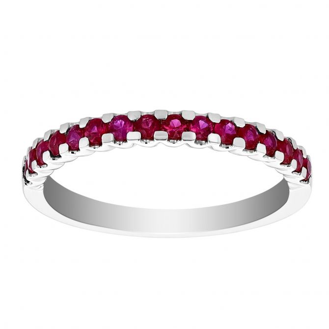 Round Ruby Shared Prong Stacking Band in White Gold