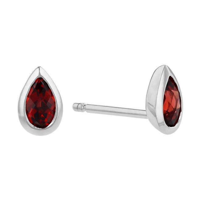 Garnet Pear Shaped Bezel Set Stud Earrings in White Gold