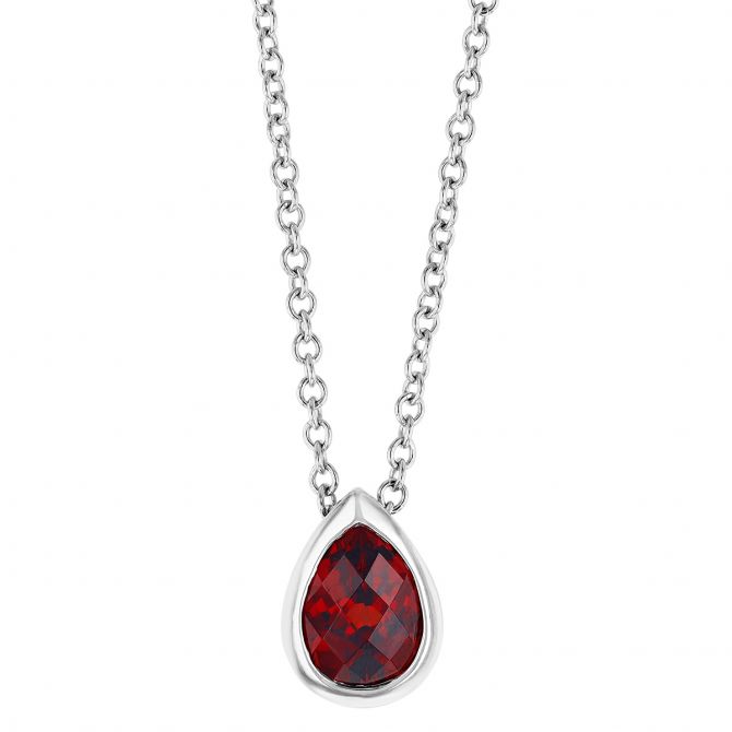 Garnet Pear Shaped Bezel Set Pendant in White Gold, 18"