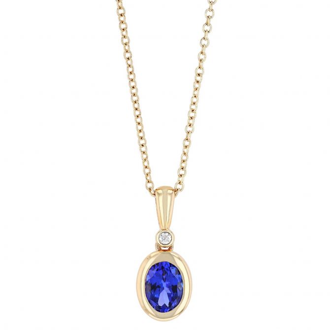 Oval Tanzanite Bezel Set Pendant with Diamond in Yellow Gold, 18"