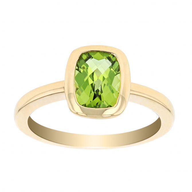 Cushion Peridot Bezel Set Ring in Yellow Gold