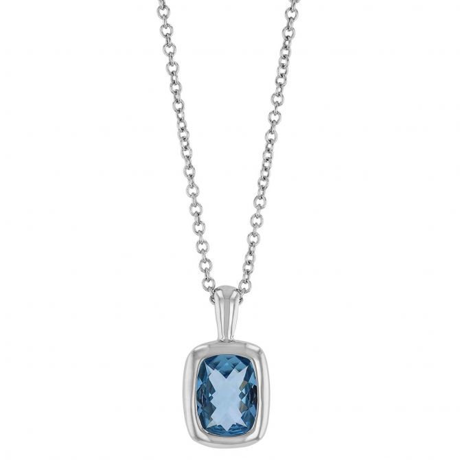 Cushion Aquamarine Bezel Set Pendant in White Gold, 18"