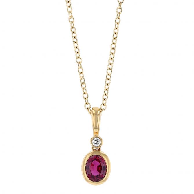 Oval Ruby Bezel Set Pendant with Diamond in Yellow Gold, 18"