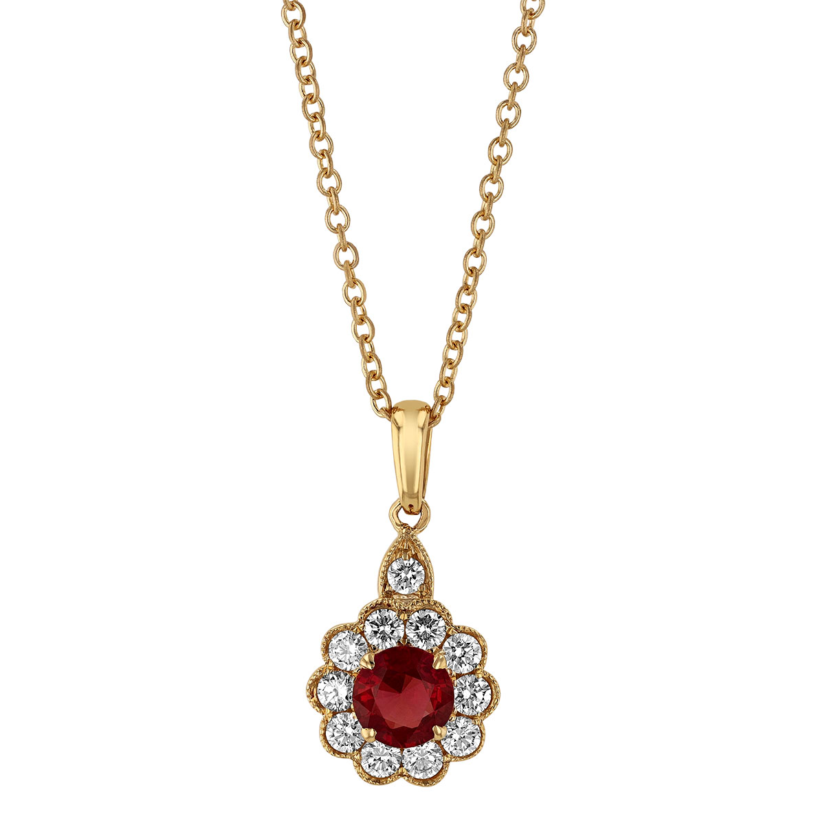 Round Ruby & Diamond Scalloped Halo Pendant in Yellow Gold, 18