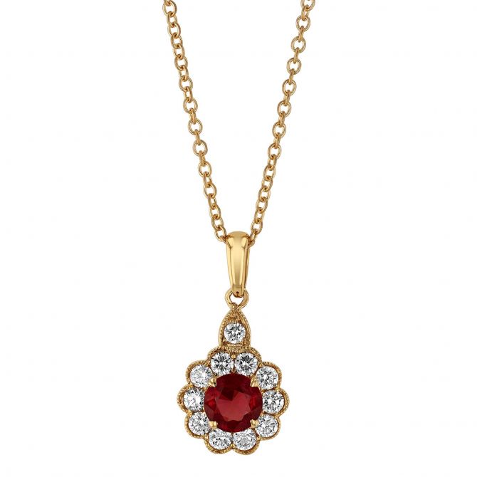 Round Ruby & Diamond Scalloped Halo Pendant in Yellow Gold, 18"