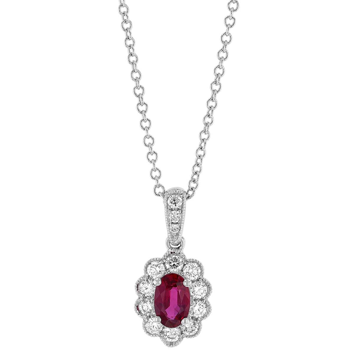 Oval Ruby & Diamond Scalloped Halo Pendant in White Gold, 18