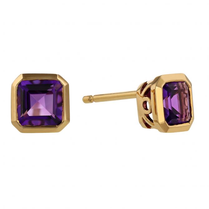 Asscher Cut Amethyst Bezel Set Stud Earrings in Yellow Gold