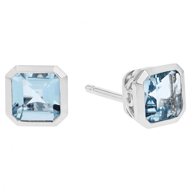 Asscher Cut Aquamarine Bezel Set Stud Earrings in White Gold