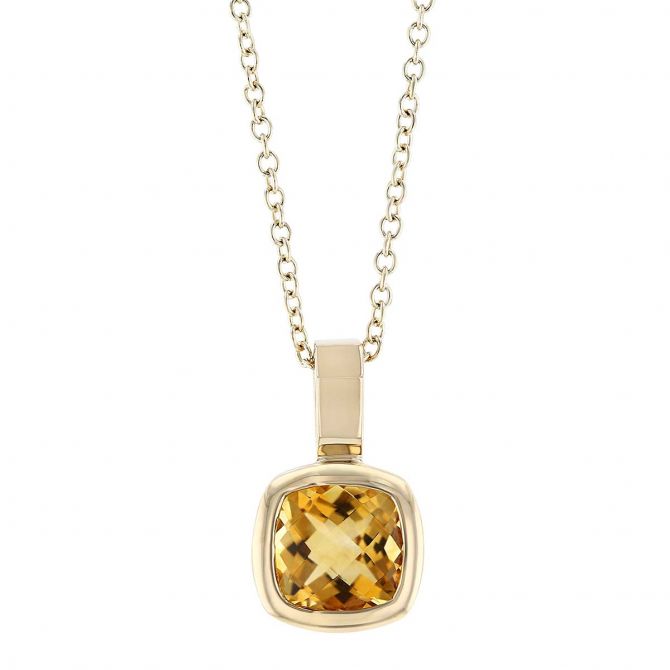 Cushion Citrine Bezel Set Pendant in Yellow Gold, 18"