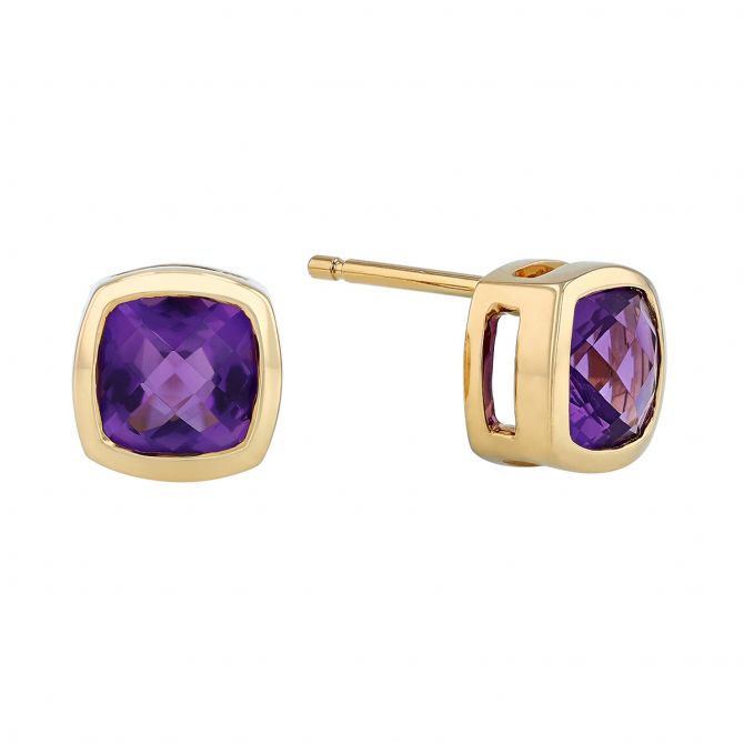 Cushion Amethyst Bezel Set Stud Earrings in Yellow Gold