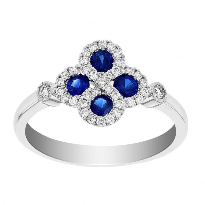 Sapphire & Diamond Clover Ring in White Gold