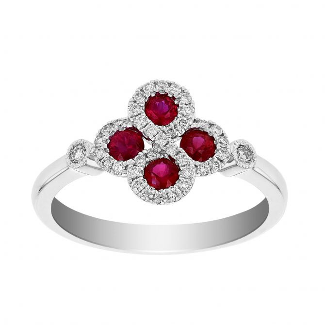 Ruby & Diamond Clover Ring in White Gold